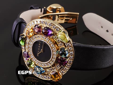 BVLGARI 寶格麗 ASTRALE系列 彩寶 101339 18K黃金 絕美艷麗 貴婦名媛專用首選 亮麗七炫彩色寶石錶圈 原廠繽紛寶石華麗美鑽 2024年保單 石英腕錶 36mm