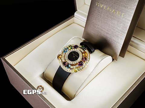 BVLGARI 寶格麗 ASTRALE系列 彩寶 101339 18K黃金 絕美艷麗 貴婦名媛專用首選 亮麗七炫彩色寶石錶圈 原廠繽紛寶石華麗美鑽 2024年保單 石英腕錶 36mm