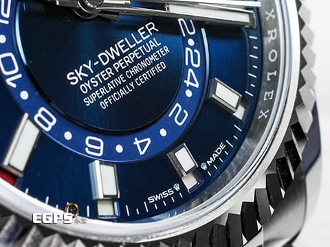 ROLEX 勞力士 Sky-Dweller 蠔式 天行者 336934 最新9002機芯 亮藍色面盤 沙羅系統 年曆錶 兩地時區 經典三角坑紋錶圈 2024年保單  蠔式（Oyster）三節錶帶 自動上鍊 42mm