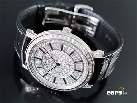 PIAGET 伯爵 Altiplano 超薄 18K白金材質 G0A37128 絕美原鑲鑽石錶圈、錶耳、錶腹、錶扣、錶冠 原鑲滿天星面盤 超薄腕錶&nbsp;2021年保卡&nbsp;新錶參考訂價:約7,880,000元  自動上鍊 41mm