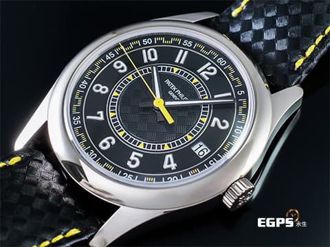 Patek Philippe 百達翡麗 PP錶 Calatrava系列 6007G-001 烏木黑色中央「碳纖維」浮雕圖案面盤&nbsp;大三針 黃色秒針、三角形刻度 18K白金材質 2026年保單 自動上鍊 40mm