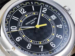 Patek Philippe 百達翡麗 PP錶 Calatrava系列 6007G-001 <font color="#9c9893">烏木黑色中央「碳纖維」浮雕圖案面盤</font>&nbsp;大三針 <font color="#FFD700">黃色秒針、三角形刻度</font> 18K白金材質 <font color="#FF0000">2026年保單</font> 自動上鍊 40mm