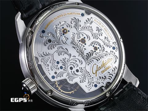 GLASHUTTE ORIGINAL 格拉蘇蒂 PanoInverse系列 1-66-08-01-03-50 鉑金材質【優美頂級規格手工雕花~ 德國製錶頂級工藝~】鉑金材質 鏤空雕花面盤 德製工藝 偏心機芯 四分之三夾板 品牌標誌的雙鵝頸  2019年保單 台灣公司貨 全球限量25只  手動上鍊 42mm