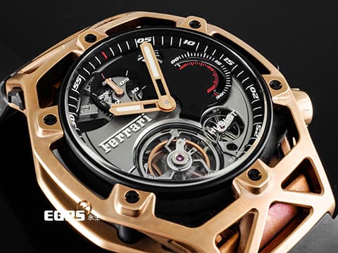 HUBLOT 宇舶 Ferrari Tourbillon 法拉利 陀飛輪 408.OI.0123.RX 玫瑰金和DLC塗層鈦金屬錶殼 鏤空面盤  七十週年紀念款 限量70只 新錶參考定價：4,512,000元 計時碼錶 自動上鍊 45mm