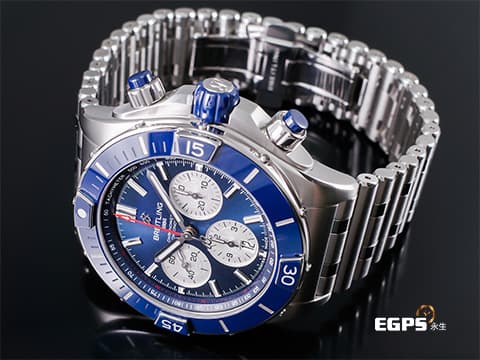 BREITLING 百年靈 Super Chronomat 44 超級計時 AB0136161C1A1 藍色面盤、陶瓷錶圈 藍色熊貓面盤 不鏽鋼材質 200米防水 2025年保卡&nbsp;潛水錶 自動上鍊 44mm