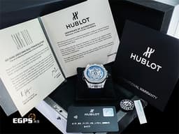 HUBLOT 宇舶 Big Bang Unico Sang Bleu 大爆炸 415.NX.7179.VR.1704.MXM18 <font color="#053ce1">藍色面盤 限量款 Maxime Buchi設計 幾何圖形指針</font> 鈦金屬&nbsp;<font color="#FF0000">2018年保單 原鑲鑽錶 共388顆天然真鑽 </font> 自動上鍊 45mm