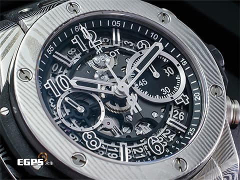 Hublot 宇舶 Big Bang Unico Gourmet 大爆炸 441.DS.1170.NR.GASS 大馬士革鋼材質 鏤空面盤 三日鍊 飛返 計時碼表 2022年保單 限量200只 自動上鍊 42mm