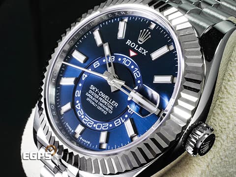 ROLEX 勞力士 Sky-Dweller 蠔式 天行者 336934 最新9002機芯 亮藍色面盤 沙羅系統 年曆錶 兩地時區 經典三角坑紋錶圈 2025年保卡 紀念型（Jubilee）五銖錶帶 自動上鍊 42mm