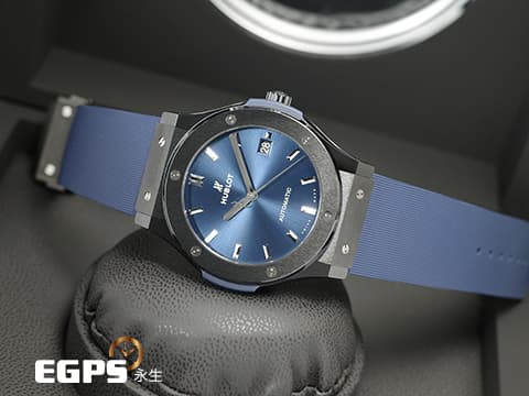 HUBLOT 宇舶 Classic Fusion 經典融合 511.CM.7170.RX 黑陶瓷錶殼 藍色太陽紋面盤 大三針 2023年保單 自動上鍊 45mm