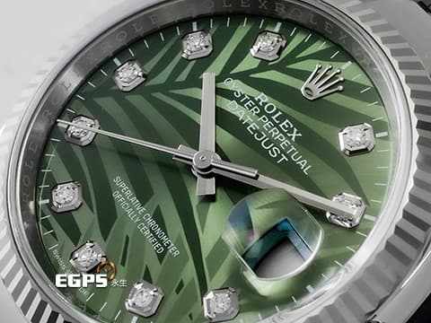 ROLEX 勞力士 Datejust 36 蠔式日誌型 126234 停產絕版款式&nbsp;原廠鑽石時標 橄欖綠色棕櫚葉面盤 DJ36 經典三角坑紋錶圈 2023年 紀念型（Jubilee）五銖錶帶 自動上鍊 36mm