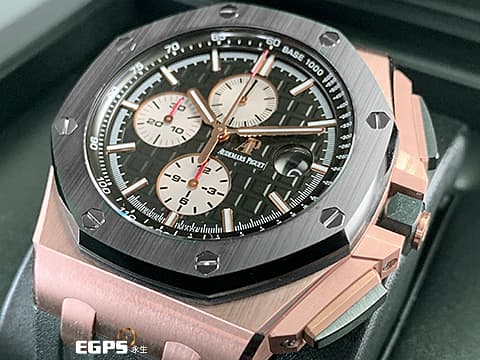 Audemars Piguet 愛彼 AP錶 Royal Oak Offshore 26401 皇家橡樹離岸型 玫瑰金材質 計時碼表 26401RO.OO.A002CA.01 經典螺絲外露六角黑色陶瓷錶圈 大金貓&nbsp;2017年保單 自動上鍊 自動上鏈 44mm