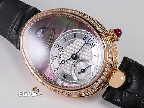 BREGUET 寶璣 Reine de Naples 8908 那不勒斯 原鑲鑽錶 18K玫瑰金材質 8908BR 大溪地珍珠貝母面盤 原鑲128顆鑽石錶圈、錶殼 原鑲鑽石錶扣 月相顯示 新錶參考訂價：1,417,000元  自動上鍊 36.5 × 28.45mm