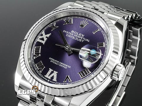 ROLEX 勞力士 Datejust 36 蠔式日誌型 126234 原廠VI、IX鑲鑽 茄紫色面盤 不鏽鋼 DJ36 經典三角坑紋錶圈 2021年保卡 紀念型（Jubilee）五銖錶帶 自動上鍊 36mm