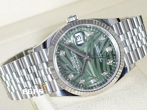 ROLEX 勞力士 Datejust 36 蠔式日誌型 126234 停產絕版款式&nbsp;原廠鑽石時標 橄欖綠色棕櫚葉面盤 DJ36 經典三角坑紋錶圈 2023年 紀念型（Jubilee）五銖錶帶 自動上鍊 36mm