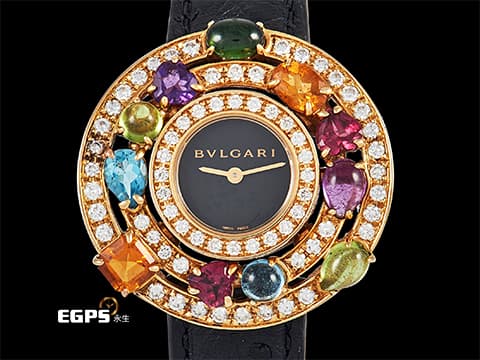 BVLGARI 寶格麗 ASTRALE系列 彩寶 101339 18K黃金 絕美艷麗 貴婦名媛專用首選 亮麗七炫彩色寶石錶圈 原廠繽紛寶石華麗美鑽 2024年保單 石英腕錶 36mm