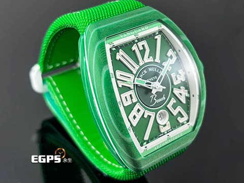Franck Muller 法蘭穆勒 FM Vanguard Beach V41 大地綠 玻璃纖維複合物材質 鮮綠色面盤搭配波浪紋錶殼 彷彿置身於綠意盎然的沙灘上 V41 SC DT 大三針 酒桶型 亞太區專屬限定 2025年保單 自動上鍊 41mm