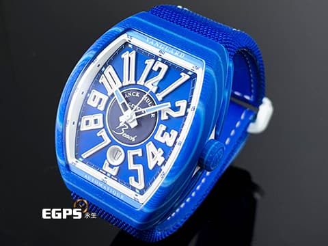 Franck Muller 法蘭穆勒 FM Vanguard Beach 深海藍 最新玻璃纖維複合材質錶殼 海藍色面盤搭配波浪紋錶殼 彷彿置身海洋度假勝地 V41 SC DT 大三針 酒桶型 亞太區專屬限定 2026年保單 自動上鍊 41mm