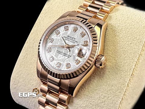 ROLEX 勞力士 Lady-Datejust 26 蠔式日誌型 179175 Met&nbsp;原廠鑽石時標 Meteorite 隕石面盤&nbsp;永恆玫瑰金 DJ26 經典三角坑紋錶圈&nbsp;台灣公司貨 元首型（President）錶帶 總統帶&nbsp;自動上鍊 26mm