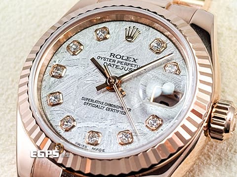 ROLEX 勞力士 Lady-Datejust 26 蠔式日誌型 179175 Met&nbsp;原廠鑽石時標 Meteorite 隕石面盤&nbsp;永恆玫瑰金 DJ26 經典三角坑紋錶圈&nbsp;台灣公司貨 元首型（President）錶帶 總統帶&nbsp;自動上鍊 26mm