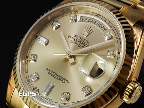 ROLEX 勞力士 Oyster Perpetual DAY-DATE 118238 蠔式 星期日曆型 18K黃金材質 經典紅蟳&nbsp;&nbsp;香檳金色面盤 原廠鑲嵌鑽石時標 配件齊全 保有部分原廠膠膜 未整理一手錶&nbsp;自動上鍊 36mm