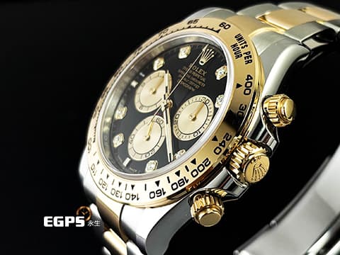 ROLEX 勞力士 Cosmograph Daytona 迪通拿 126503 126503G&nbsp;亮黑色面搭配金色計時盤 鑽石時標&nbsp;計時碼表 18K黃金 半金款 新款4131機芯 2025年保卡&nbsp;自動上鍊 40mm