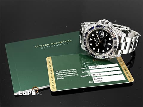 ROLEX 勞力士 GMT-Master II 116710LN 格林威治型 精鑲鑽錶 116710 LN 兩地時區  店長說：這個精鑲藍寶石鑽框，讓您花少少的錢，卻有著完全不同的感覺，價值感值上百萬等級，不想到處撞錶跟別人一樣，趕快來買吧！！ 自動上鍊 40mm