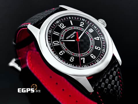 PATEK PHILIPPE 百達翡麗 PP錶 Calatrava 6007G-011&nbsp;烏木黑色 中央「碳纖維」浮雕圖案面盤&nbsp;6007 G 大三針&nbsp;紅色秒針、三角形刻度與格狀刻度&nbsp;18K白金材質&nbsp;2025年保單 自動上鍊 40mm