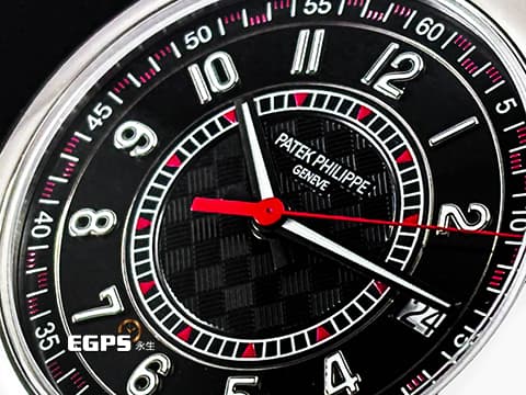 PATEK PHILIPPE 百達翡麗 PP錶 Calatrava 6007G-011&nbsp;烏木黑色 中央「碳纖維」浮雕圖案面盤&nbsp;6007 G 大三針&nbsp;紅色秒針、三角形刻度與格狀刻度&nbsp;18K白金材質&nbsp;2025年保單 自動上鍊 40mm