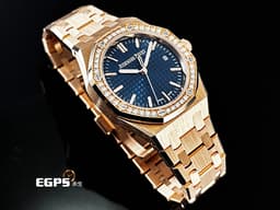 Audemars Piguet 愛彼 AP錶 Royal Oak 皇家橡樹 77451OR.ZZ.1361OR.04 18K玫瑰金材質 <font color="#a9c1ce">午夜藍色Grande Tapisserie錶盤</font><font color="#e2e2e2">&nbsp;40顆原廠鑲嵌美鑽錶圈（約重0.71克拉）</font><font color="#ff0000">2023年新式保卡</font>&nbsp;自動上鍊 34mm