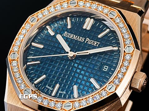 Audemars Piguet 愛彼 AP錶 Royal Oak 皇家橡樹 77451OR.ZZ.1361OR.04 18K玫瑰金材質 午夜藍色Grande Tapisserie錶盤&nbsp;40顆原廠鑲嵌美鑽錶圈（約重0.71克拉）2023年新式保卡&nbsp;自動上鍊 34mm