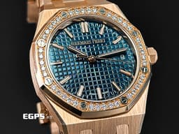 Audemars Piguet 愛彼 AP錶 Royal Oak 皇家橡樹 77451OR.ZZ.1361OR.04 18K玫瑰金材質 <font color="#a9c1ce">午夜藍色Grande Tapisserie錶盤</font><font color="#e2e2e2">&nbsp;40顆原廠鑲嵌美鑽錶圈（約重0.71克拉）</font><font color="#ff0000">2023年新式保卡</font>&nbsp;自動上鍊 34mm