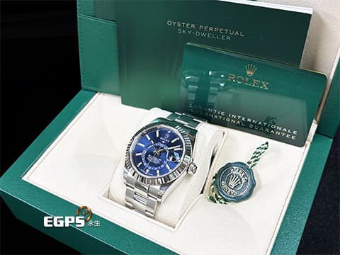 ROLEX 勞力士 Sky-Dweller 蠔式 天行者 336934 最新9002機芯 亮藍色面盤 沙羅系統 年曆錶 兩地時區 經典三角坑紋錶圈 2025年保單  蠔式（Oyster）三節錶帶 自動上鍊 42mm