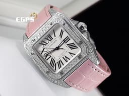 CARTIER 卡地亞 Santos 100 山度士 中型 白色面盤 精鑲鑽框 黑色羅馬數字 經典大三針 <font color=#ffaaad>全新粉色皮錶帶</font> 自動腕錶 36mm