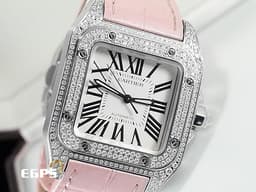 CARTIER 卡地亞 Santos 100 山度士 中型 白色面盤 精鑲鑽框 黑色羅馬數字 經典大三針 <font color=#ffaaad>全新粉色皮錶帶</font> 自動腕錶 36mm