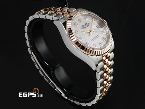 ROLEX 勞力士 Lady-Datejust 28 永恆玫瑰金 279171 18K玫瑰金材質 半金款 原廠鑲嵌鑽石時標 白色珍珠貝母面盤 2026年保卡   紀念型五珠錶帶&nbsp;自動上鍊 28mm