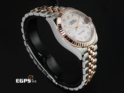 ROLEX 勞力士 Lady-Datejust 28 永恆玫瑰金 279171 18K玫瑰金材質 半金款 <font color="#05f0f0">原廠鑲嵌鑽石時標 白色珍珠貝母面盤</font> <font color="#ff0000">2026年保卡   紀念型五珠錶帶</font>&nbsp;自動上鍊 28mm