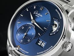 Glashutte Original 格拉蘇蒂 Pano Matic Lunar 偏心系列 1-90-02-46-32-71 <font color=#0080FF>藍色面盤</font> 月相盈虧 大日期窗 小秒針 不鏽鋼 <font color=#ff0000>德國腕錶工藝 招牌雙鵝頸、3/4夾板、偏心面盤 2024年台灣公司貨</font> 自動上鍊 40mm