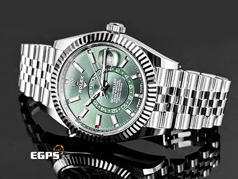 ROLEX 勞力士 Sky-Dweller 蠔式 天行者 336934 最新9002機芯 薄荷綠色面盤 沙羅系統 年曆錶 兩地時區 經典三角坑紋錶圈 2025年保卡 紀念型（Jubilee）五銖錶帶 自動上鍊 42mm