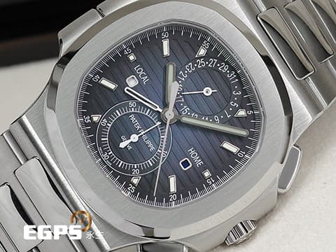 Patek Philippe 百達翡麗 PP錶 Nautilus 5990 金鷹 鸚鵡螺 鋼王金鷹回歸 最新款 藍色漸層橫條紋面盤 5990/1A-011 同軸 計時碼錶 2023年 最新可微調按壓式摺疊扣 不鏽鋼 歡迎各錶友以 PP、AP、RM、勞力士 來店交換，本店將以最高價評估～ 自動上鏈 40.5mm