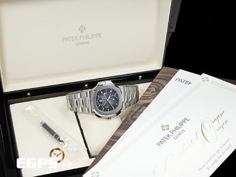 Patek Philippe 百達翡麗 PP錶 Nautilus 5990 金鷹 鸚鵡螺 鋼王金鷹回歸 最新款 藍色漸層橫條紋面盤 5990/1A-011 同軸 計時碼錶 2023年 最新可微調按壓式摺疊扣 不鏽鋼 歡迎各錶友以 PP、AP、RM、勞力士 來店交換，本店將以最高價評估～ 自動上鏈 40.5mm