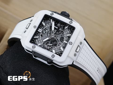 HUBLOT 宇舶 Square Bang Unico White Ceramic 42系列 821.HX.0170.RX 白陶瓷 鏤空面盤  飛返 計時碼錶 2024年電子式保單 自動上鍊 42mm