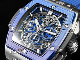Hublot 宇舶 Spirit of Big Bang Titanium Blue 大爆炸 靈魂系列 642.NL.7170.RX 計時碼表 <font color="#4169e1">藍色陶瓷錶圈、鏤空面盤</font>&nbsp;酒桶型 鈦金屬材質 <font color="#ff0000">2025年電子保單</font> 自動上鍊 42mm
