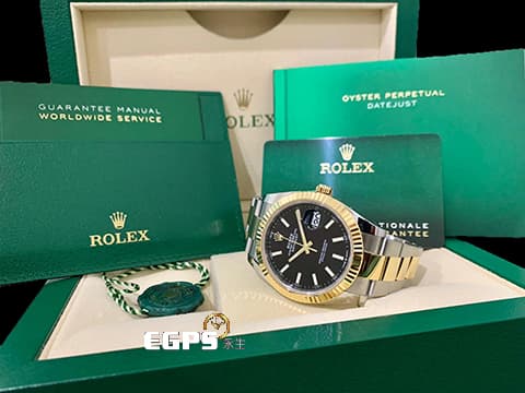 ROLEX 勞力士 DateJust 41 蠔式日誌型 126333 黑色面盤 18K黃金 半金款 DJ41 經典三角坑紋錶圈 2023年新式綠卡 蠔式（Oyster）三節錶帶 自動上鍊 41mm