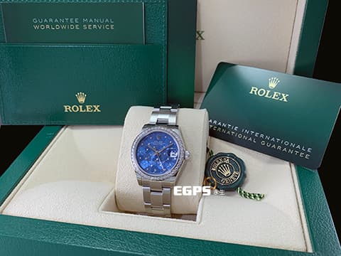 ROLEX 勞力士 Datejust 31 經典 蠔式日誌型 278384 天藍色花朵圖案面盤 DJ31&nbsp;原廠鑲鑽錶圈 2025年保卡 蠔式（Oyster）三節錶帶 自動上鍊 31mm