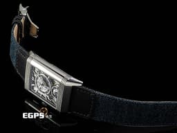Jaeger Le-Coultre 積家 JLC Reverso Classic 翻轉系列 Q389848J 不鏽鋼材質&nbsp;<font color="#05f0f0">簡約大方的藍色太陽放射狀扭索飾紋錶盤&amp;逆跳計時機械結構鏤空錶盤 兩種風格隨意翻轉切換</font>&nbsp;<font color="#ff0000">2024年保卡 僅試戴收藏極新品</font> 手動上鏈 49.4 x 29.9mm