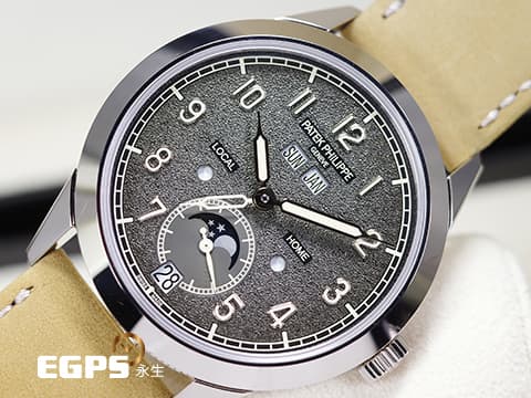 Patek philippe 百達翡麗 Calatrava Annual Calendar Travel Time 複雜功能時計 5326G-001 18K白金材質 漸層炭灰色不規則紋理面盤 年曆錶 二地時間 月相盈虧  2023年保單   巴黎釘紋飾錶殼 5326 自動上鍊 41 mm