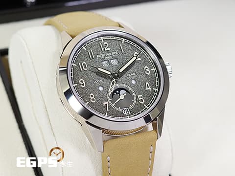 Patek philippe 百達翡麗 Calatrava Annual Calendar Travel Time 複雜功能時計 5326G-001 18K白金材質 漸層炭灰色不規則紋理面盤 年曆錶 二地時間 月相盈虧  2023年保單   巴黎釘紋飾錶殼 5326 自動上鍊 41 mm