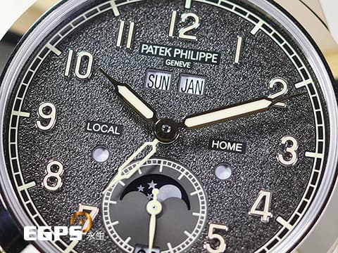 Patek philippe 百達翡麗 Calatrava Annual Calendar Travel Time 複雜功能時計 5326G-001 18K白金材質 漸層炭灰色不規則紋理面盤 年曆錶 二地時間 月相盈虧  2023年保單   巴黎釘紋飾錶殼 5326 自動上鍊 41 mm