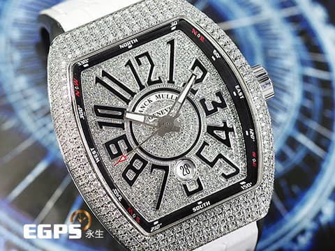 Franck Muller 法蘭穆勒 FM Vanguard V45 精鑲鑽錶 不鏽鋼材質 精鑲滿天星面盤  絢爛華麗的滿天星鑲鑽，黑色阿拉伯數字時標、內圈、錶帶 自動腕錶 44x54mm