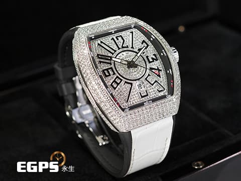 Franck Muller 法蘭穆勒 FM Vanguard V45 精鑲鑽錶 不鏽鋼材質 精鑲滿天星面盤  絢爛華麗的滿天星鑲鑽，黑色阿拉伯數字時標、內圈、錶帶 自動腕錶 44x54mm